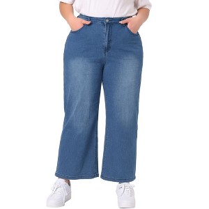 Agnes Orinda Women's Plus Size Stretchy Washed High Waist Zipper Casual Wide Leg Palazzo Jeans with Button  Blue 4X - 1 of 4