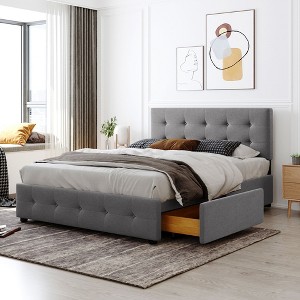 XIYUYEU Queen Size Linen Fabric Bed Wooden Bed Frame with 4 Drawers and Headboard for Bedroom - 1 of 4