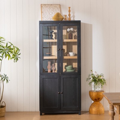 74'' Tall Black Display Cabinet,Mid Century Modern Bookcase with Glass Doors & Adjustable Shelves for Living Room Kitchen Office-Baofuwish
