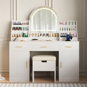 Makeup Vanity with Lighted Mirror, Vanity Desk with Stool, Dressing Table with 3 Drawers & Charging Station for Bedroom, White -ModernLuxe - 1 of 4