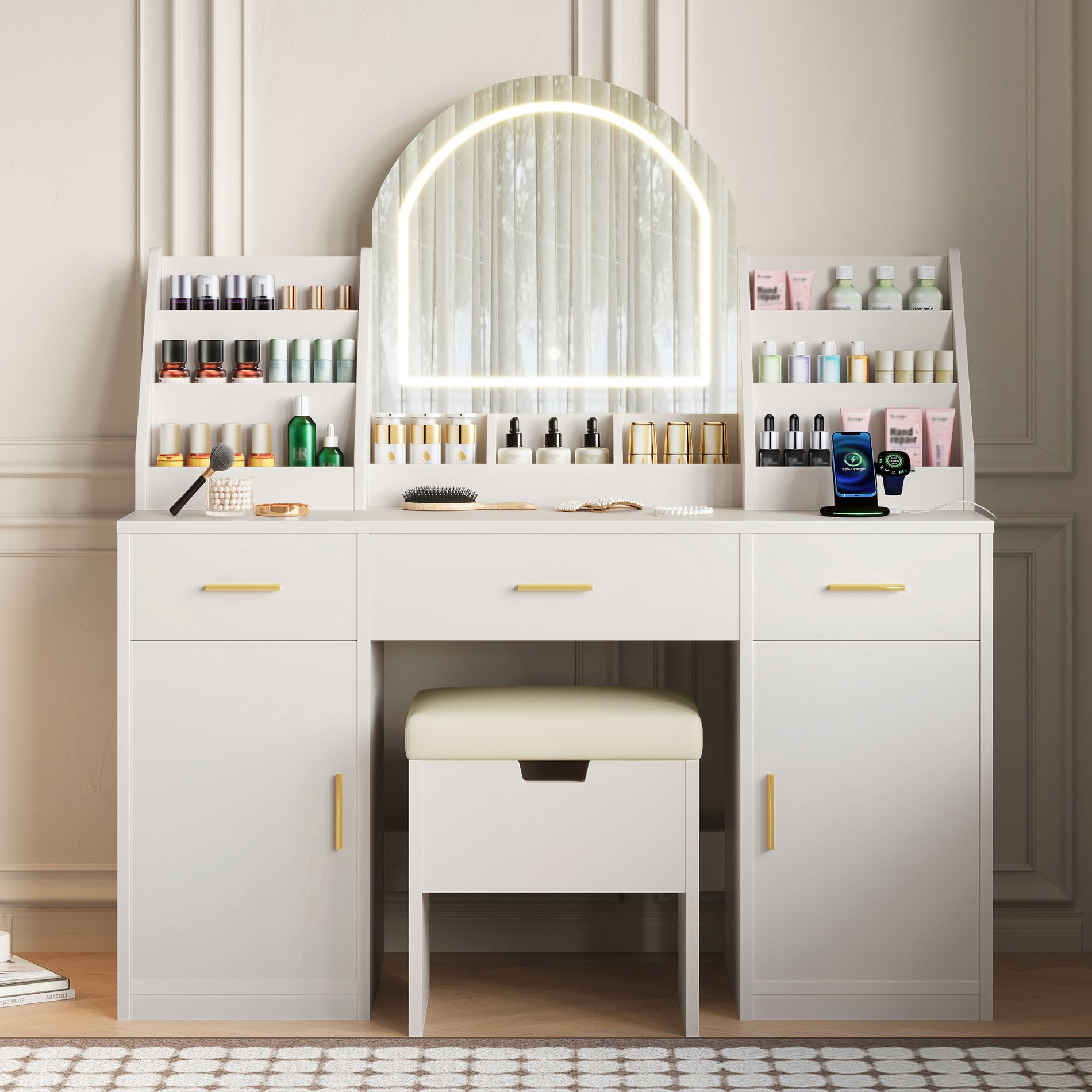 Makeup Vanity with Lighted Mirror, Vanity Desk with Stool, Dressing Table with 3 Drawers & Charging Station for Bedroom, White -ModernLuxe