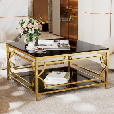 ALEXOUN 33.5Inch Square Glass Coffee Table - Gold Geometric Metal Frame with Functional Shelf | Easy to Use for Living Spaces Family Homes