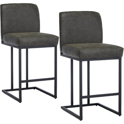 24" Counter Height Bar Stools, Modern PU Leather Barstools with Back and Metal Legs for Kitchen Island, Upholstered Bar Chairs, Dark Grey