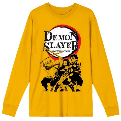 Demon Slayer Oversized Character Group Shot Logo Men s Yellow Crew Neck Long Sleeve Tee Medium