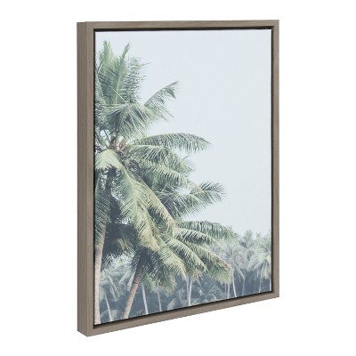 Pale Green Coconut Palm Trees Coastal Canvas Print with Gray Frame