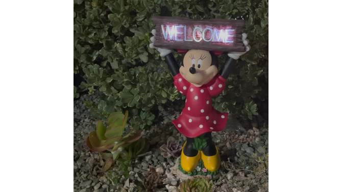Disney 22&#34; Minnie Mouse Solar Resin/Stone Statue With A Welcome Sign, 2 of 6, play video
