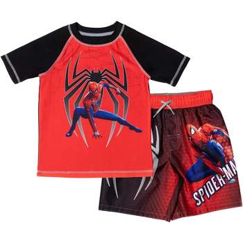 Marvel Avengers Hulk Spider-Man Boys Rash Guard and Swim Trunks Outfit Set Little Kid to Big Kid