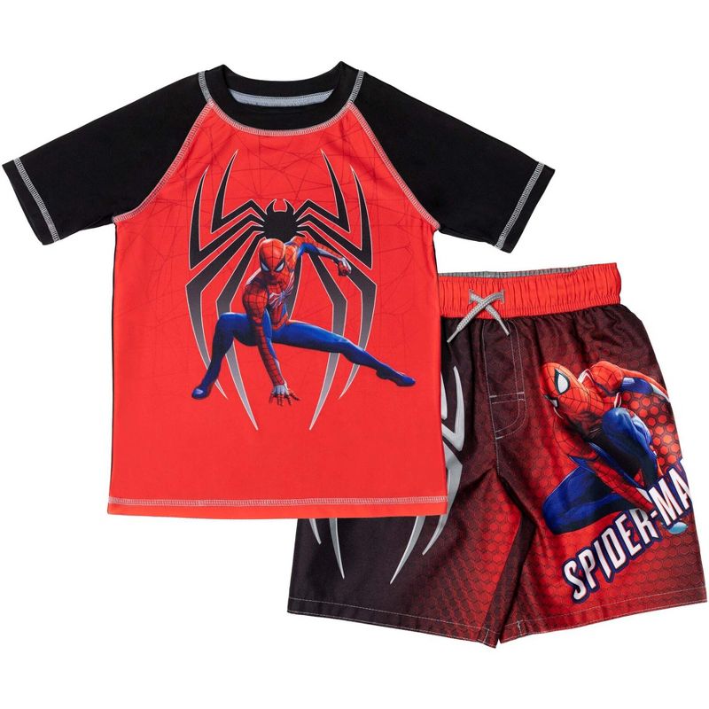 Marvel Avengers Hulk Spider-Man Boys Rash Guard and Swim Trunks Outfit Set Little Kid to Big Kid, 1 of 8