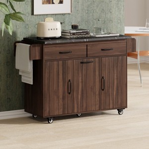 Coolbibila-Kitchen Island With Trash Can Storage Cabinet, Kitchen Cart With Drop Leaf, Towel Rack And Drawer, Rolling Kitchen Island On Wheels - 1 of 4