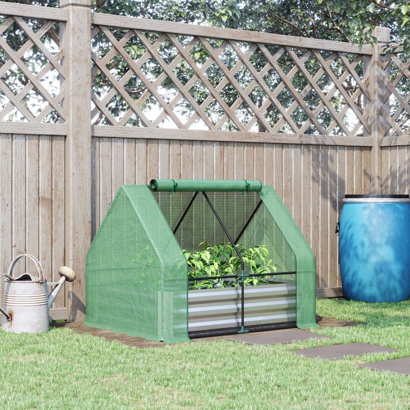 Outsunny Raised Garden Bed with Mini Greenhouse, Steel Outdoor Planter Box with Plastic Cover, Roll Up Window, Dual Use, 50" x37.5" x 36.25", Green, 3 of 8