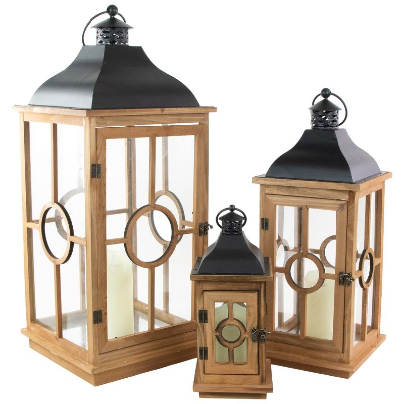 Northlight Set of 3 Natural Wood Candle Lanterns with Black Metal Tops 26.5", 2 of 6
