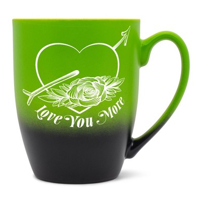 Elanze Designs Romantic Floral Valentines Coffee Cup Mug 12 Ounce Ceramic With Ombre Gradient Love You More Arrow Heart and Rose Green and Black