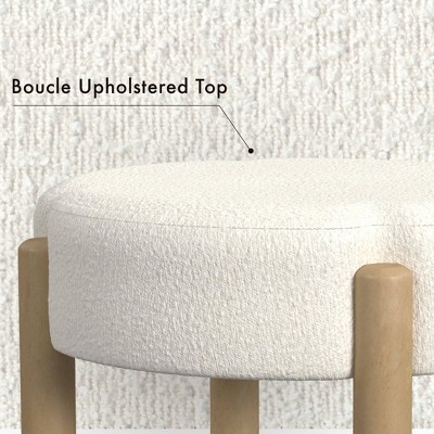 Nordic Off-White Boucle Round Ottoman with Wooden Legs