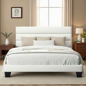 Velvet Upholstered Bed with Wooden Slats, No Box Spring Needed, Easy Assembly - 1 of 4