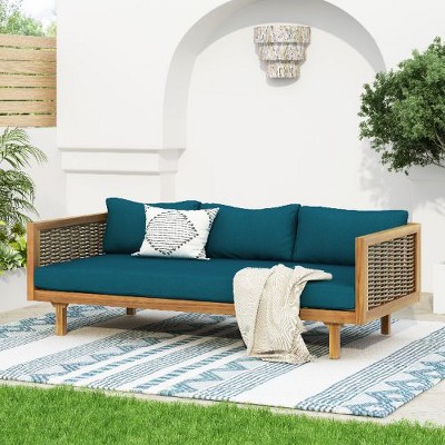67.75" Patio Sofa, 3 Seater Outdoor Sofa with Rattan Arms, Acacia Wood Daybed with Water-Resistant Cushions -Christopher Knight Home