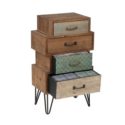Mid-Century Brown 4-Drawer Wood Accent Chest with Metal Legs
