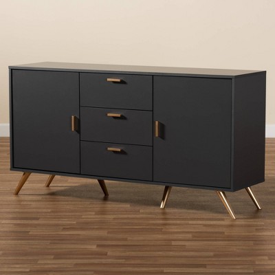 Contemporary Dark Grey Wood Sideboard with Gold Accents