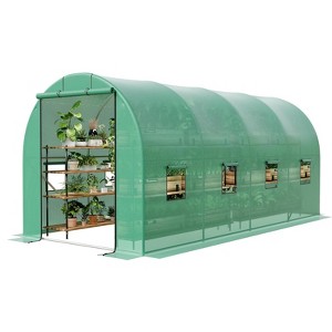GustoWave Greenhouses for Outdoors, 15’x6.5’x6.5’ Walk-In Tunnel Greenhouse with 8 Windows, Galvanized Steel Frame & PE Cover - 1 of 4