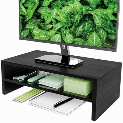 Simple Trending Monitor Stand Riser, 2 Tier Wood Office Desk Storage Organizer for Laptop, Computer, Black