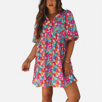 Amaryllis Women's Floral Print Babydoll Mini Dress Puff Sleeves V-Neckline Relaxed Fit Lightweight Boho Dress