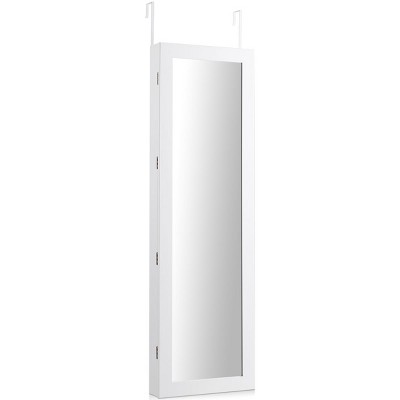 Tangkula Lockable Armoire Dressing Organizer Wall Door Mounted Mirrored Jewelry Cabinet  w/ LED Lights