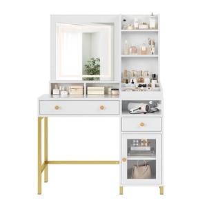Vanity Desk with LED Lighted Mirror and Power Outlet, White Makeup Table Vanity Dressing Table with Drawers & Transparent Display Cabinet - 1 of 4