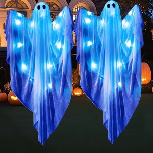Joyfy 47” Halloween Hanging Ghost Outdoor Decoration, Flying Ghosts with Warm LED Light Party Decor Prop for Front Yard Patio Garden 2 Pack - 1 of 4