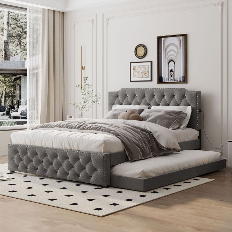 Queen Size Upholstered Platform Bed with USB Ports and Twin Size Trundle Bed/2 Drawers-ModernLuxe, 1 of 11