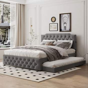 Queen Size Upholstered Platform Bed with USB Ports and Twin Size Trundle Bed/2 Drawers-ModernLuxe