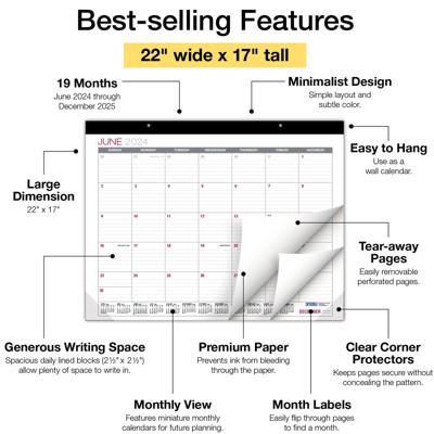 Global Printed Products Professional Desk Calendar 2024-2025 - 22"x17" (Black)