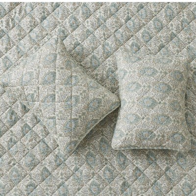 Blue Taupe Floral Reversible Twin Quilt Set with Shams