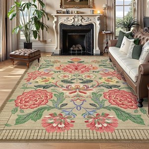 Rug Non-Slip Washable Low Pile Vintage Carpet Stain-Resistant Botanical Floor Mat for Entryway, Laundry Room Bathroom - 1 of 4