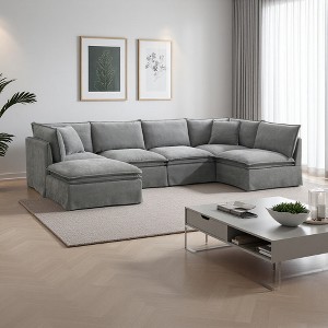 125.5" Chenille L-Shaped Sectional Sofa with Ottoman & Skirted Design - 1 of 4