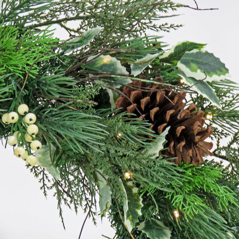 28" Prelit Mixed Branch Christmas Wreath with Pinecones, Holly and Berries Warm White Lights HGTV Home Collection - National Tree Company, 3 of 4