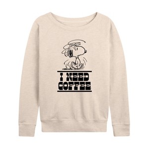 Women's - Peanuts - I Need Coffee Snoopy -Women's French Terry Long Sleeve T-Shirt Lightweight French Terry Wide Neck Long Sleeve Shirt - 1 of 4