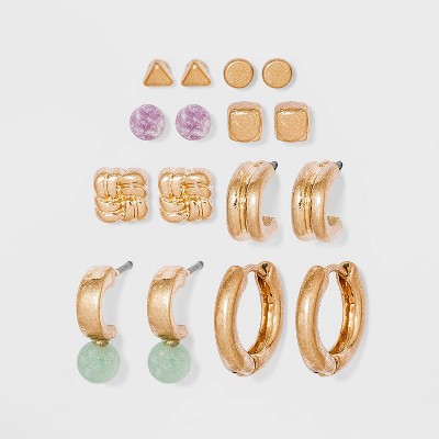 Semi-Precious Jade and Lepidolite Stud Hoop Earrings - Universal Thread™ Gold