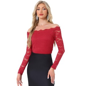 Allegra K Women's Off Shoulder Floral Lace Sheer Long Sleeves Lined Casual Blouse - 1 of 4