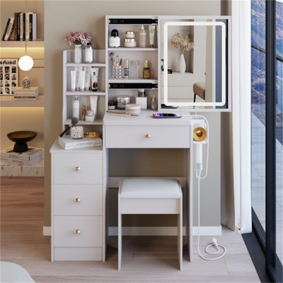 SKRAN 29.2" Left Bedside Cabinet Vanity Table + Cushioned Stool, 2 AC+2 USB Power Station, Hair dryer bracket, Touch Control Sliding LED Mirror
