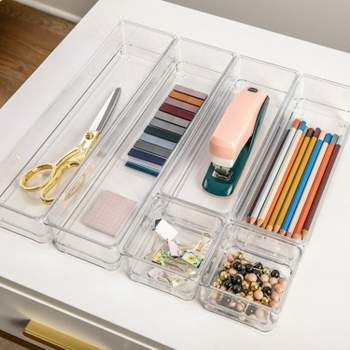 Martha Stewart Kerry Plastic Stackable Office Desk Drawer Organizers, 12 x 3, 6 Pack, with Gold Trim