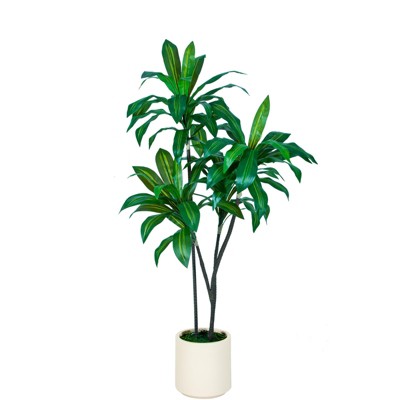 5' Faux Dracaena Tree with White Tall Planter, Natural Wood Trunk and Lifelike Leaves for Home Office Decor, Indoor