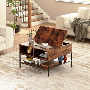 KWPZQEB 31.5" Coffee Table with Storage, Farmhouse Coffee Tables for Living Room, Center Table w/Hidden Storage Compartment & Shelves, Brown - 1 of 4