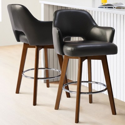 26.5" Edward Armrest Faux Leather Thick Seat 360° Swivel Barstool Combine with Rubberwood Legs and Silver Footrest(Set of 2)-Maison Boucle