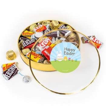 Easter Chocolate Gift Tin - Plastic Tin with Candy Hershey's Kisses, Hershey's Miniatures & Reese's Peanut Butter Cups - Bunny & Chick - By Just Candy