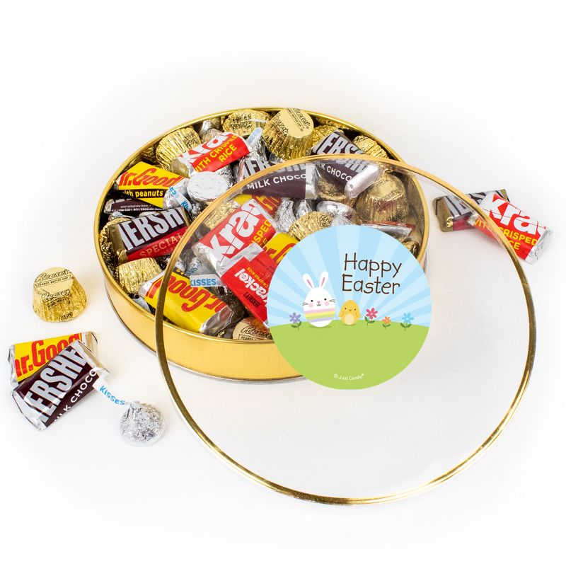 Easter Chocolate Gift Tin - Plastic Tin with Candy Hershey's Kisses, Hershey's Miniatures & Reese's Peanut Butter Cups - Bunny & Chick - By Just Candy, 1 of 3