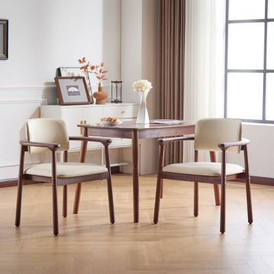 Modern PU Upholstered Dining Chairs Set of 2,Dining Chair with Rubber Wood Frame,Wooden Arm Chairs for Kitchen or Dining Room-Coolbibila