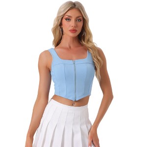 INSPIRE CHIC Women's Square Neck Asymmetrical Hem Zip Front Crop Tank Tops - 1 of 4