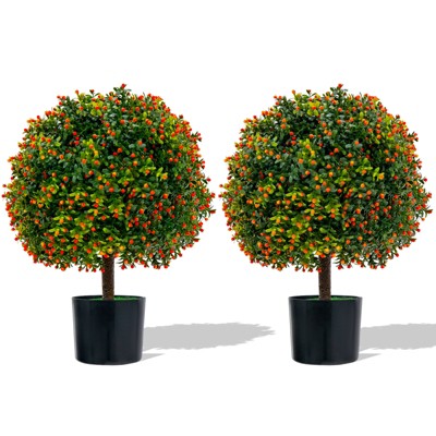 Tangkula 22" Artificial Boxwood Topiary Ball Tree 2 Pack Faux Bushes Plants with Orange Fruits & Cement Flower Pot