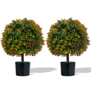 Tangkula 22" Artificial Boxwood Topiary Ball Tree 2 Pack Faux Bushes Plants with Orange Fruits & Cement Flower Pot - 1 of 4