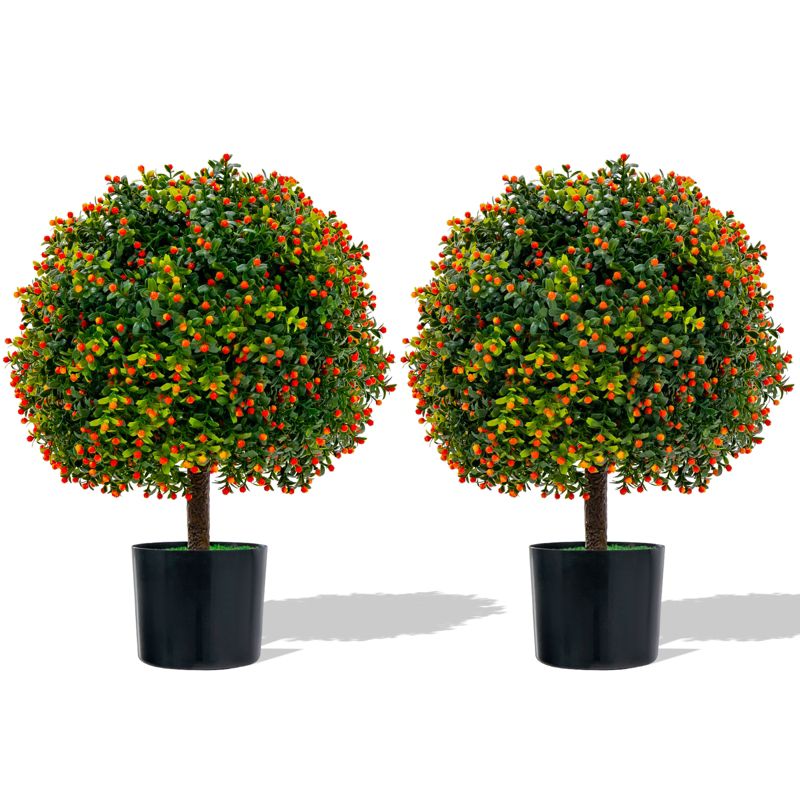 Tangkula 22" Artificial Boxwood Topiary Ball Tree 2 Pack Faux Bushes Plants with Orange Fruits & Cement Flower Pot, 1 of 11