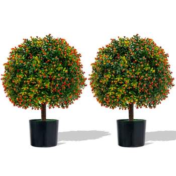 Tangkula 22" Artificial Boxwood Topiary Ball Tree 2 Pack Faux Bushes Plants with Orange Fruits & Cement Flower Pot